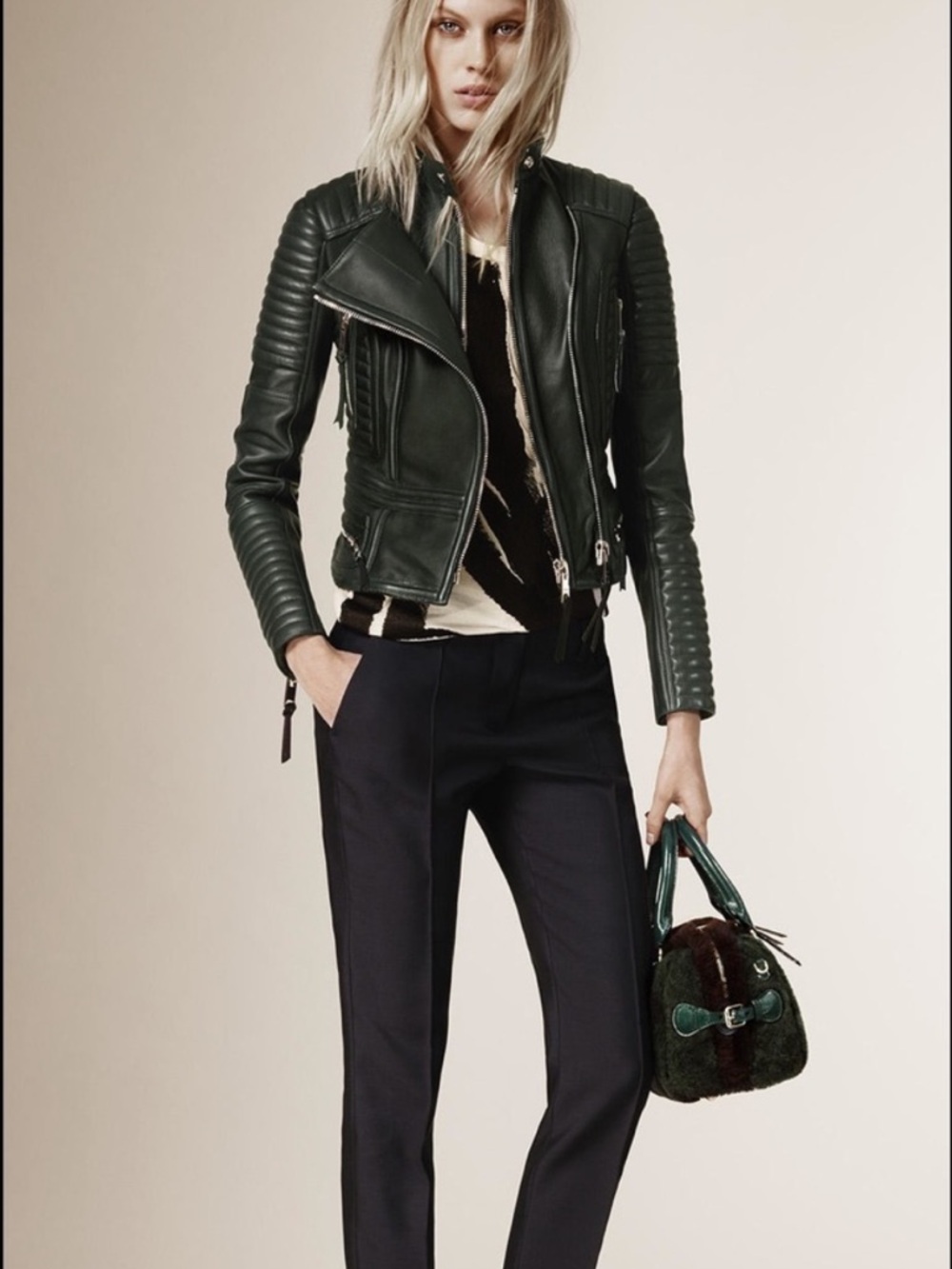 Burberry Prorsum  Dark Racing Green Quilted Leather Moto Jacket